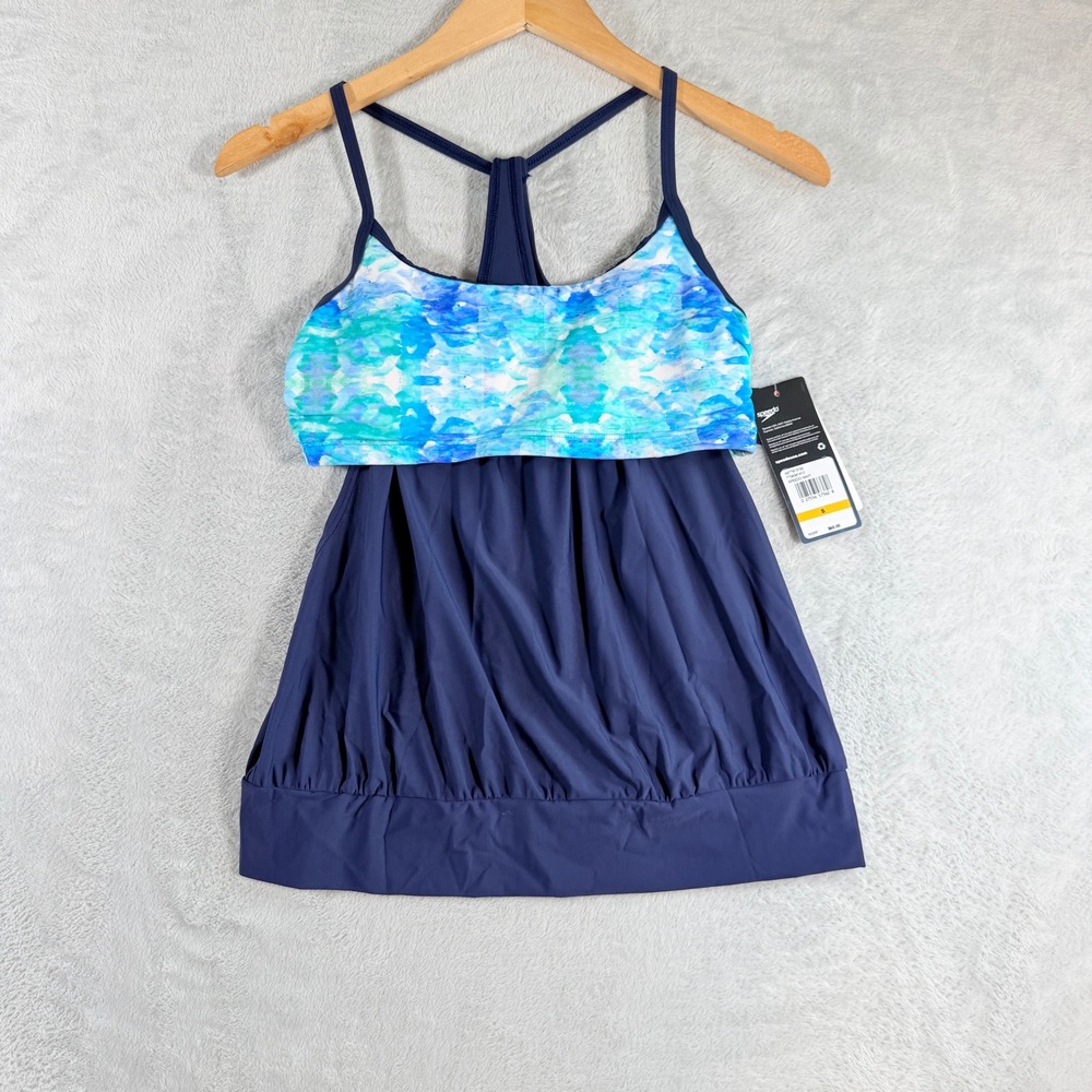 Speedo Navy Blue Tie Dye Blouson Tankini Top Women's Size S Swim NWT